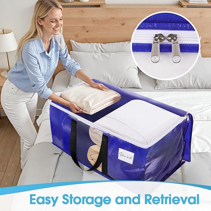 BlissTotes 10 Pack Moving Bags with Clear Window, Storage Bags with Strong Carrying Handles & Zippers,Large Packing Bags for Saving Space, Alternative to Moving Boxes(Blue,24 Gallon)