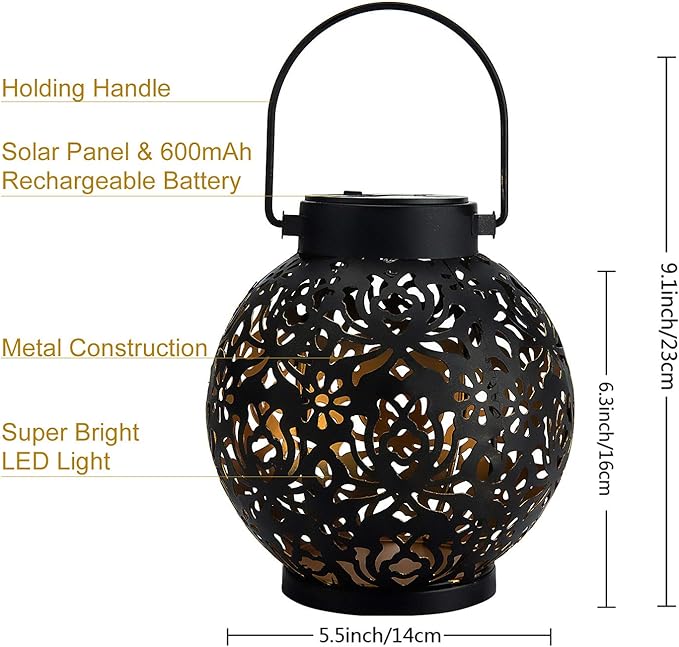 EXCMARK 2 Pack Outdoor Solar Hanging Lantern Lights Metal LED Decorative Lamp for Garden Patio Courtyard Lawn and Table with Hollowed-Out Design (Black)