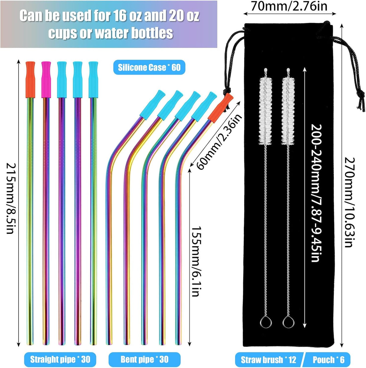 60 Pcs Color Reusable Metal Straws, Stainless Steel Drinking Straws with 60 Silicone Tip, 6 Travel Case and 12 Cleaning Brush