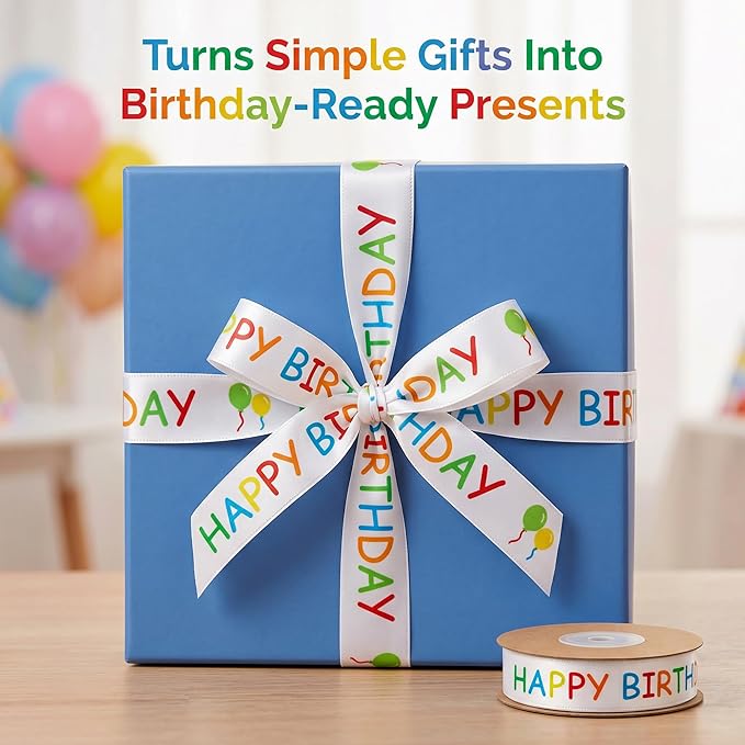 Happy Birthday Ribbon Roll for Gift Wrapping, 15 mm x 30 ft White Printed Birthday Gift Ribbon for Crafts, Party Decorations, Bouquets, Bows and Cake Table Accents