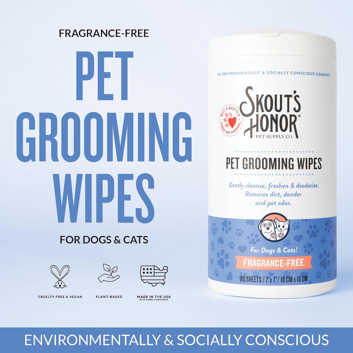 SKOUT'S HONOR Pet Grooming Wipes for Dogs and Cats - Deodorizing, Plant-Based, Biodegradable, Fragrance-Free - for Paws, Faces, Skin Folds & Bums, 80 Count, 2-Pack