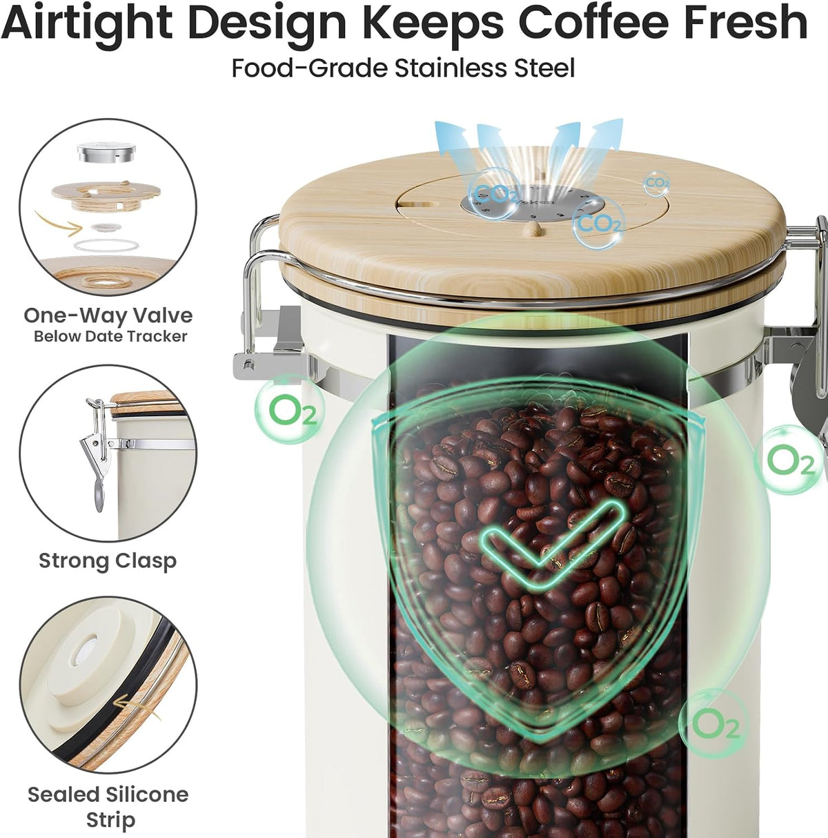 Veken Coffee Canister with Window, Airtight Stainless Steel Container, 22OZ | Gifts For Women, Kitchen Food Storage for Beans,Ground,Espresso,Rice,Tea,Sugar,Cereal,Bar Accessories,Lids,Jars, Scoop, Cream