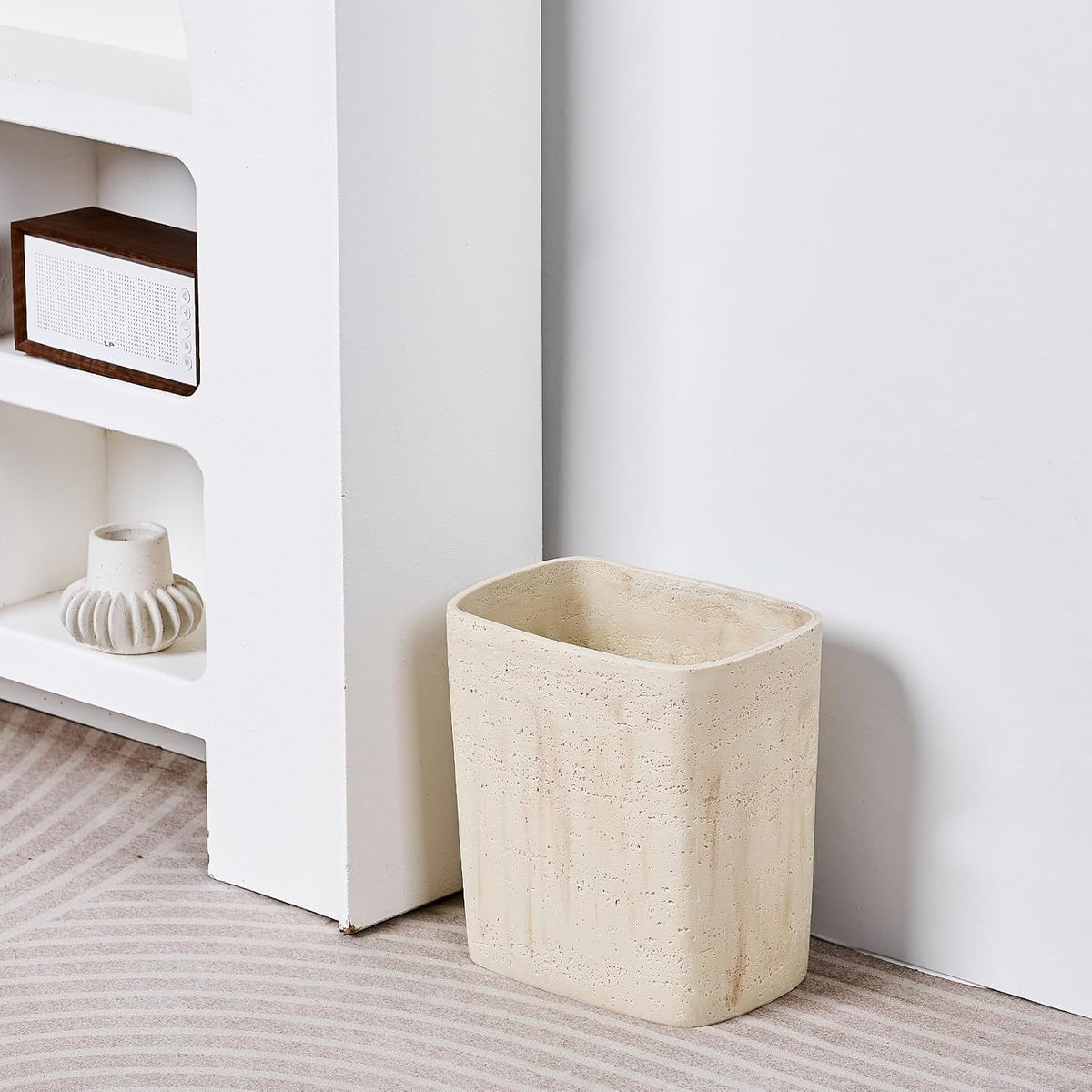 Polytree Natural Travertine Textures Bathroom Trash Can 1.8 Gallon(7 Liter) Small Kitchen Garbage Can,Living Room Bedroom Trash Can, Decor Wastebasket for Home Office (Handmade of Resin)