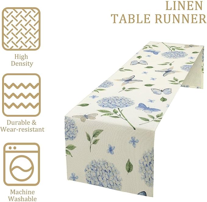 Spring Hydrangea Table Runner, Summer Moth Watercolor Sky Blue Butterfly Flowers Rustic Farmhouse Garden Print Table Cover for Kitchen Dining Room Table Home Party Decor,13x108inch