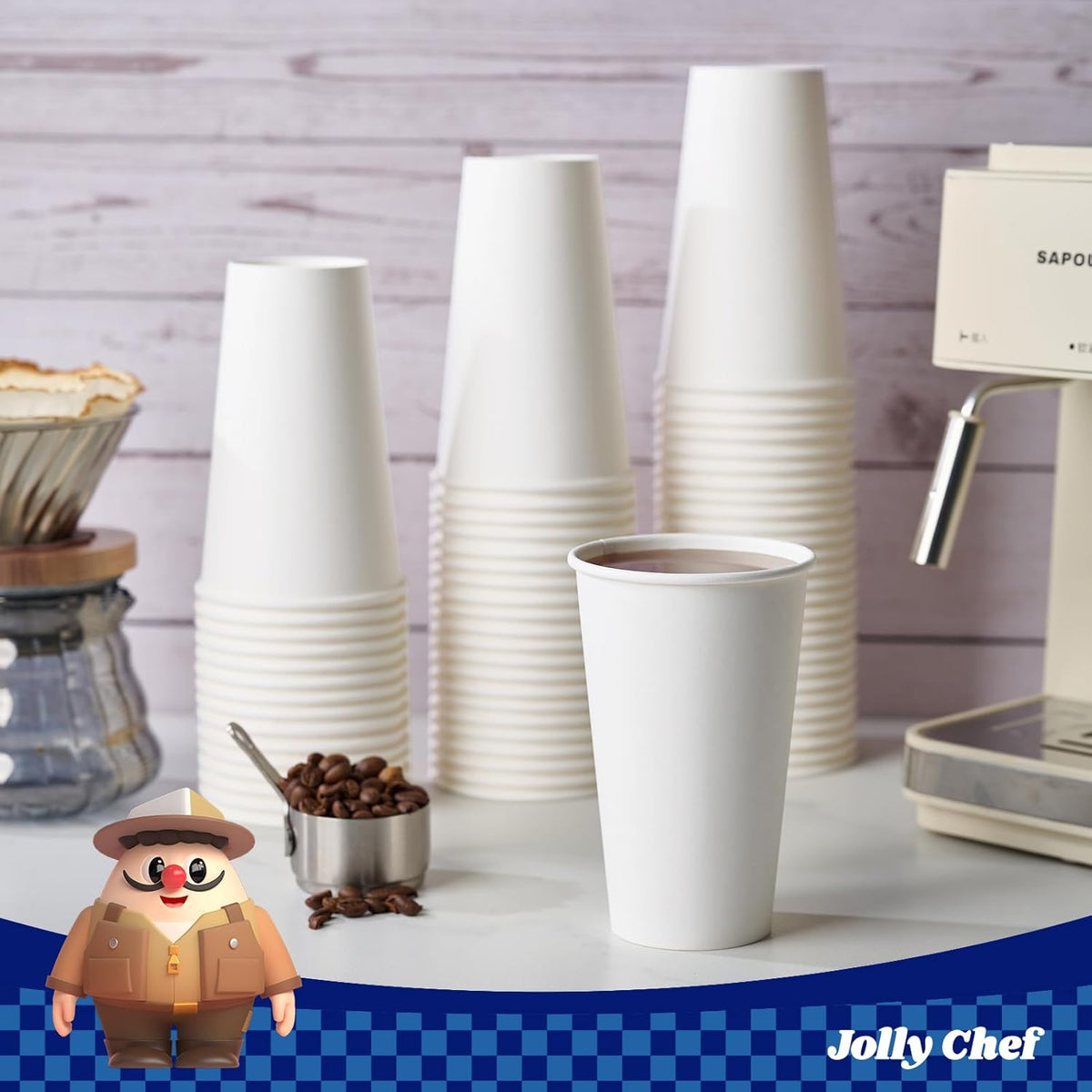Jolly Chef 180 Count 16 oz Coffee Cups, White Drinking Paper Cups for Coffee, Water, Juice, or Tea, Suitable for Party, Picnic, Travel, and Events