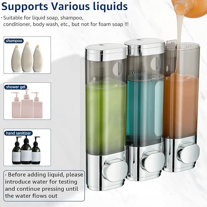 Pollock Shower Shampoo and Conditioner Dispenser, 3 Chamber No Drill Body Wash Dispenser for Bathroom, Large
