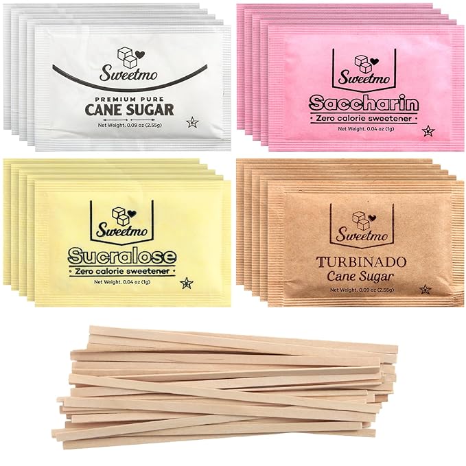 Sweetmo Sugar Packets Variety Pack - Sucralose, Raw Sugar, Saccharin, Cane Sugar with Wooden Stirrers - 400 Count for Coffee, Tea, Office Breakrooms