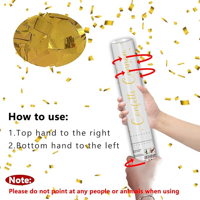 12" Gold Confetti Confetti Cannons - Party Poppers for Birthday Graduation Retirement Wedding New Year Celebrations - Easy to Use, Pack of 2