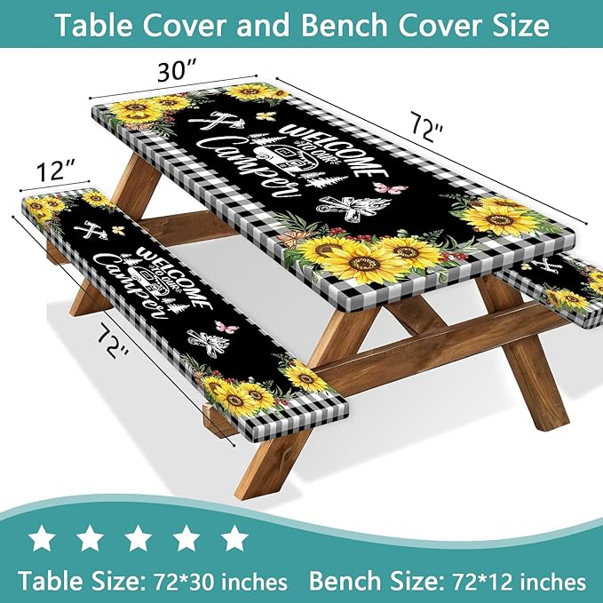 Sunflower Plaid Picnic Table Cover with Bench Covers and Bag, Camping Essentials, Checkered Floral Waterproof Windproof, Fitted Tablecloth Cover with Elastic Edge, Garden & Outdoor, 3 PCS, 30x72 Inch