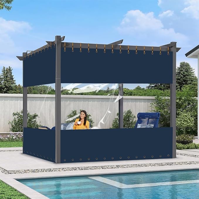 Covers & All Outdoor Clear Panel Curtain, 12 oz Vinyl Outdor Curtains for Patio, Waterproof & Weather Resistant Tarp with Brass Grommets for Pergola, Porch, Gazebos, Balcony (4' H x 9' W feet, Blue)