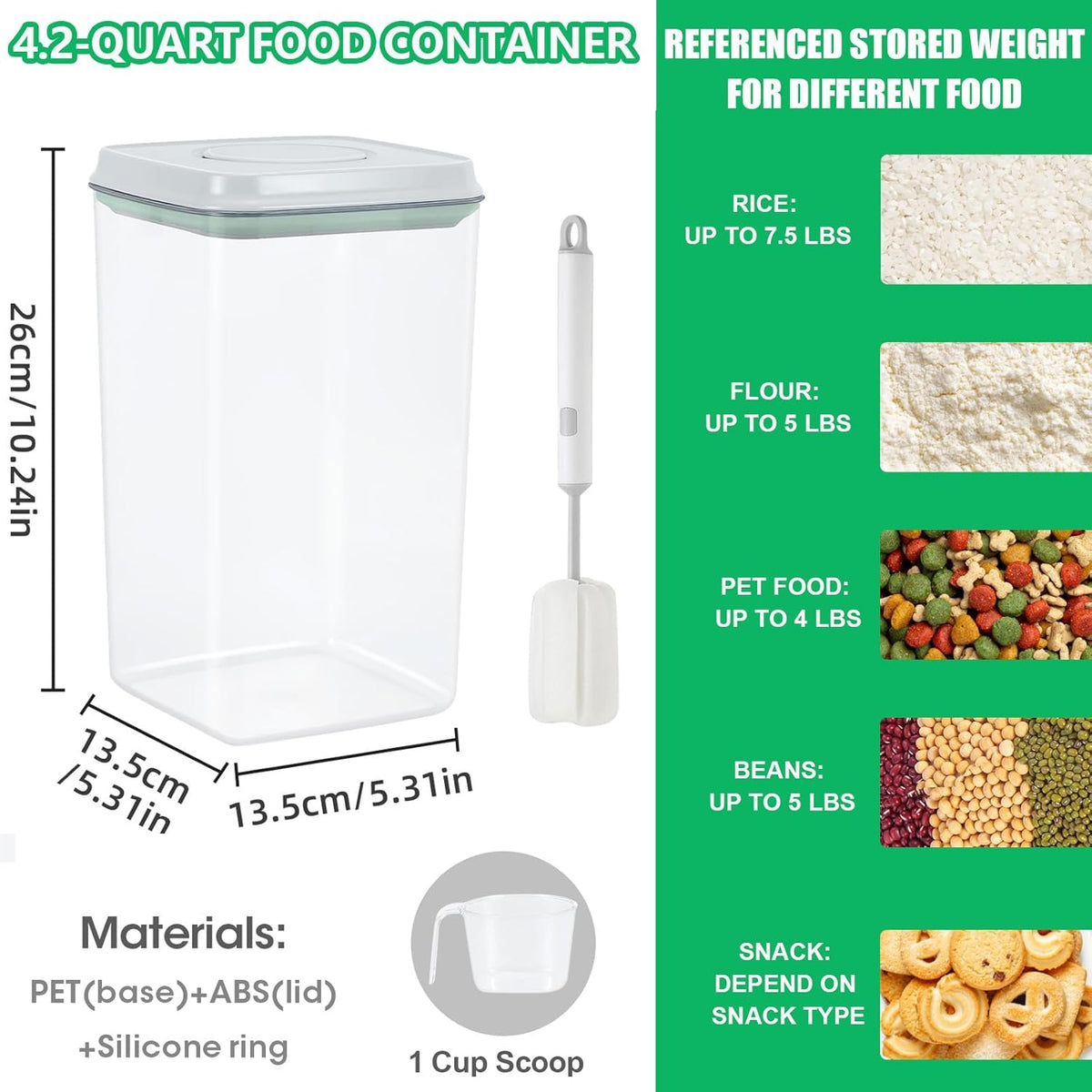Airtight Flour Rice Storage Container with Pop-up Lid - 4.2 Qt Crystal-Clear Plastic Spaghetti Container