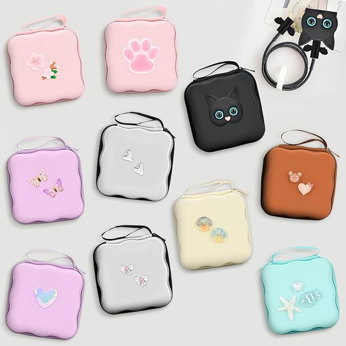 CameCosy Phone Charger Storage Case Cover Sets with Cable Protector for iPhone Charger, Wave Travel Storage Bag, Cord Wire Saver Cable Organizer Soft DIY Charger Protector (Pink Cat Claw)