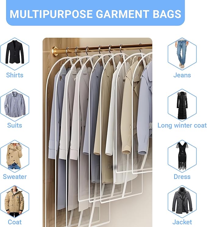 All Clear Garment Bags for Hanging Clothes, 55" (Set of 6) Dress Bags for Gowns Long, Plastic Dustproof Dress Garment Bag, Long Dress Bag with Zipper for gown, winter long coats, dance costume