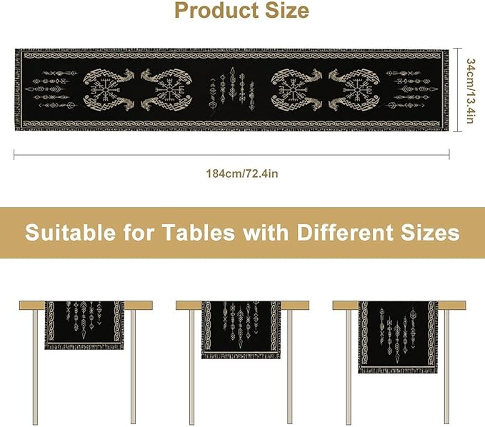 Viking Table Runner, Raven Ancient Rune Dragon Totem Norse Mystical Geometric Table Runner for Kitchen Dining Party Holiday Banquet 13x120in