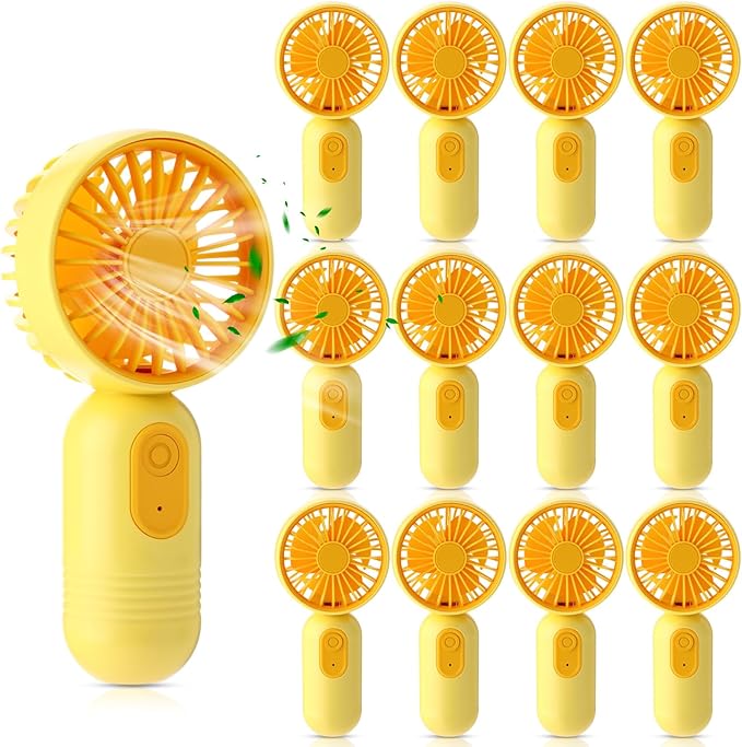 Rossesay 12 Pack Mini Portable Handheld Fan Bulk for Travel 3 Speeds, Rechargeable USB Battery Operated, Small Personal Eyelash Fans for Women Men Indoor Outdoor (Yellow)