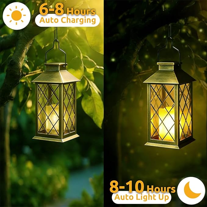 14" Large Tempered Glass Solar Lanterns Outdoor Waterproof, Hanging Solar Lights with Flickering Flameless Candles, Retro Solar Lantern for Wall Porch Patio Table Garden Decoration (Bronze)
