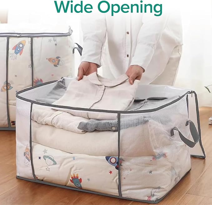 3 Pack 80L Large Clear Comforter Storage Bags,Clothes Storage Bins Foldable Closet Organizer Storage Containers and for Clothes, Blanket, Bed Sheets,Toys, Pillows(Gray)