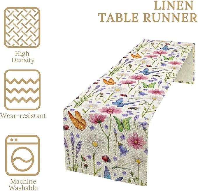 Flower Floral Table Runner, Butterfly Wildflowers Daisy Spring Summer Rustic Table Runner for Farmhouse Holiday Kitchen Dining Outdoor Home Party 13x60in