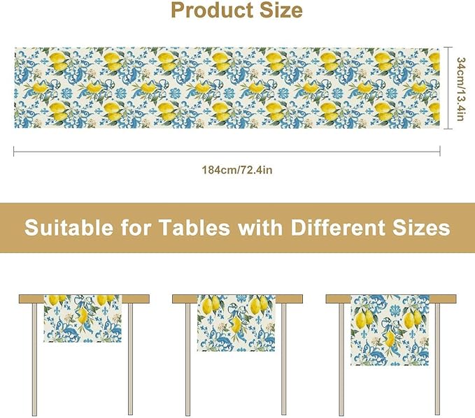 Lemon Flower Table Runner, Summer Fruit Sicilian Style Table Runner for Indoor Outdoor Kitchen Home Party Holiday Dining Table 13x120in