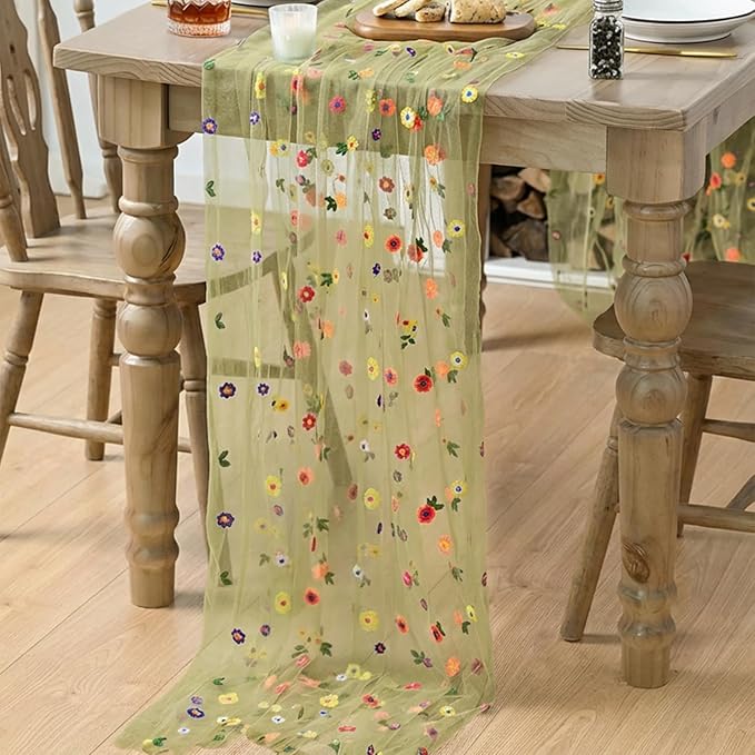 Artoid Mode Green Embroidery Daisy Spring Gauze Table Runner 59x120 Inch 10FT, Seasonal Sheer Kitchen Dining Holiday Wedding Birthday Table Decor for Home Party