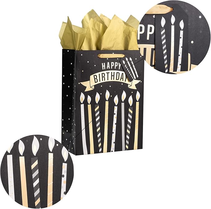 Loveinside Black and Gold Birthday Gift Bag with Tissue Paper, Gift Card for Birthday, Baby Shower, Party, and More - 12" x 16" x 5.7", 1 Pcs