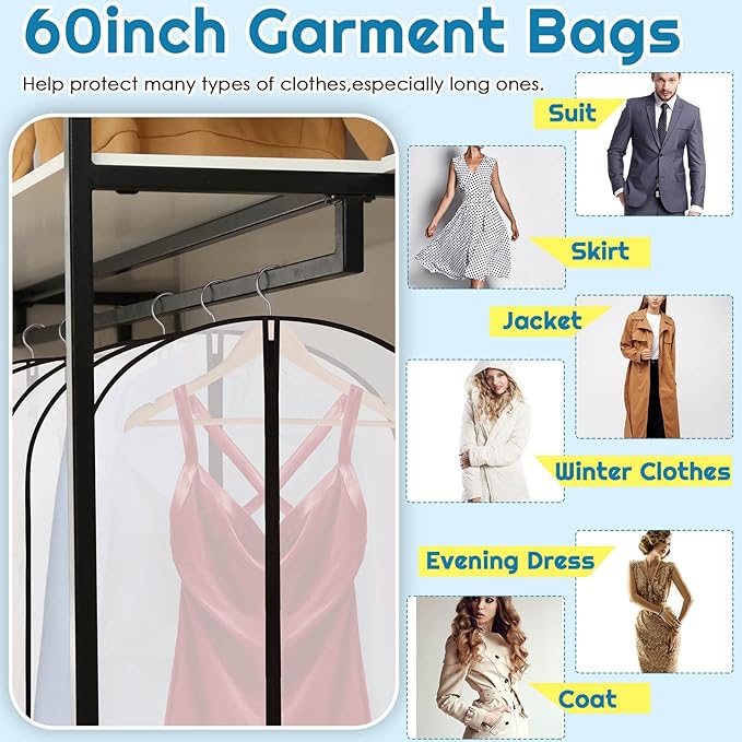 Amylove 40 Pcs 24 x 60 Inch Garment Bags Bulk Hanging Clothes Storage Covers for Closet Organization Dustproof Long Dress Bag Set for Wedding Dresses Gowns Coats Travel Suit (White Black)
