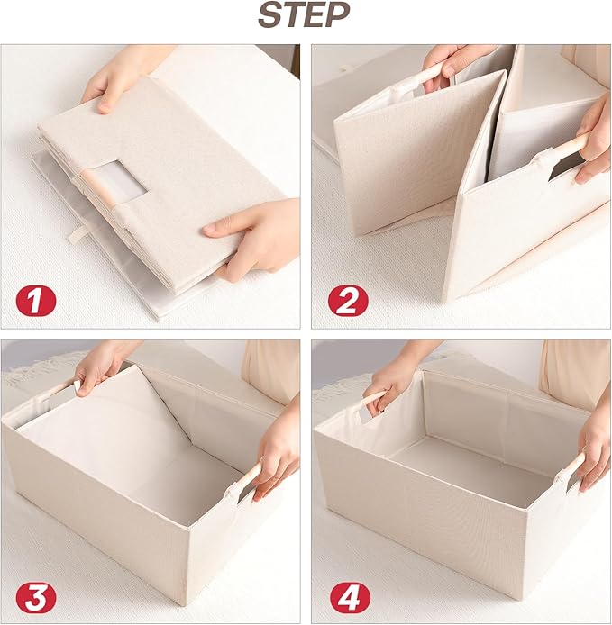 ANMINY 2PCS Storage Baskets for Organizing Collapsible Fabric Storage Bins Boxes with Wood Handles Closet Shelves Cube Organizer Bins Clothes Laundry Storage Container - Small, Beige