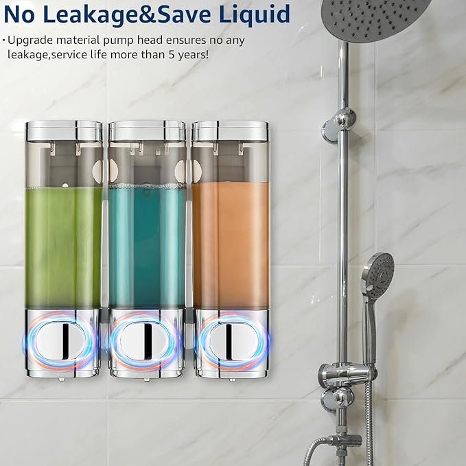 Pollock Shower Shampoo and Conditioner Dispenser, 3 Chamber No Drill Body Wash Dispenser for Bathroom, Large