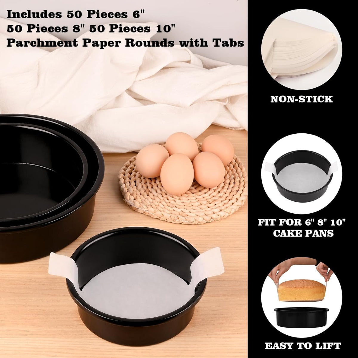 HUAKENER 3 Pack Round Cake Pans, 6" 8" 10 Inch Circle Cake Pan with 150 Pieces Parchment Paper, Non-stick Cake Baking Pans, Dishwasher Safe