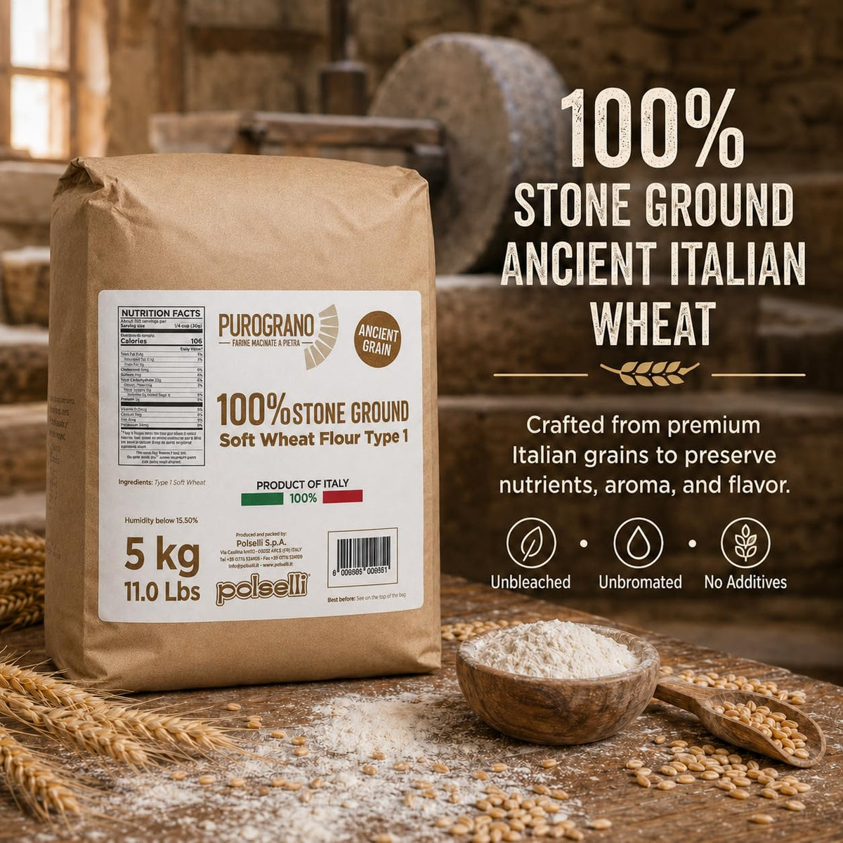 POLSELLI PuroGrano, 100% Stone Ground, Type 1 Soft Wheat Flour, 5 kg | Ancient Italian Grain For Sourdough Bread And Artisan Baking, Unbleached, Unbromated, No Additives, Product Of Italy.