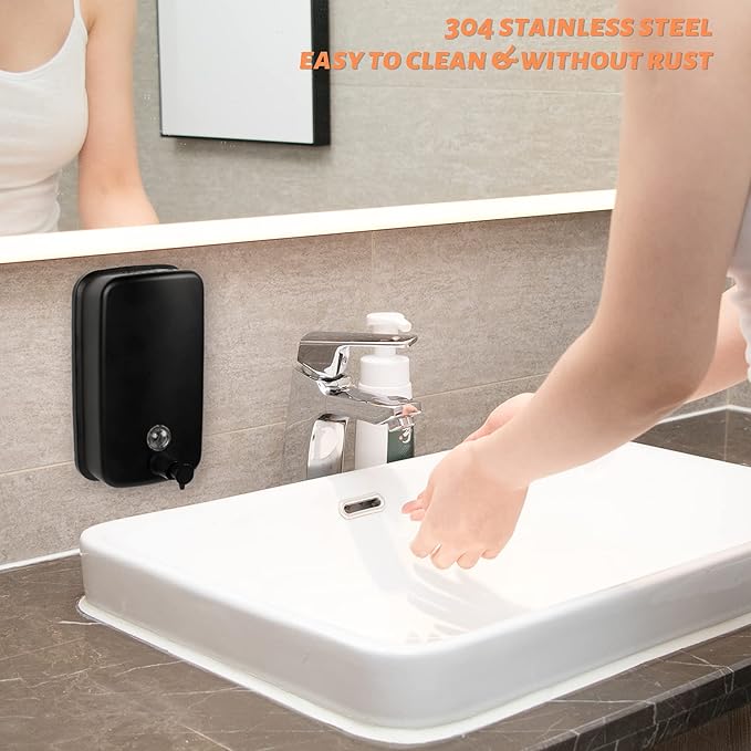 Wall Mounted Stainless Steel Soap Dispenser, Matte Black Commercial Hand Soap Dispenser for Bathroom, Restroom & Kitchen, 800ml/27oz Refillable, Anti-Leak Pump, Durable