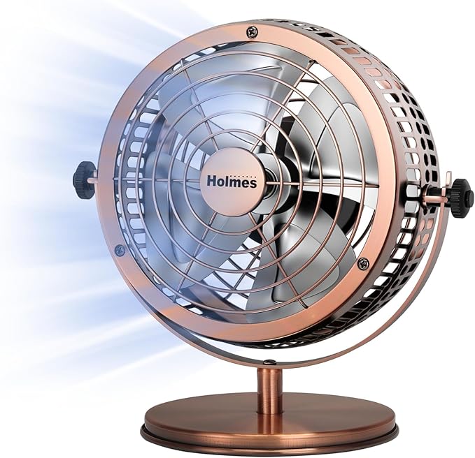 HOLMES 6" Heritage Table Fan, 2 Speeds, 4 Blades, Adjustable 145° Head Tilt, Metal Construction, Ideal for Home, Bedrooms, Dorm Rooms or Office, Brushed Copper