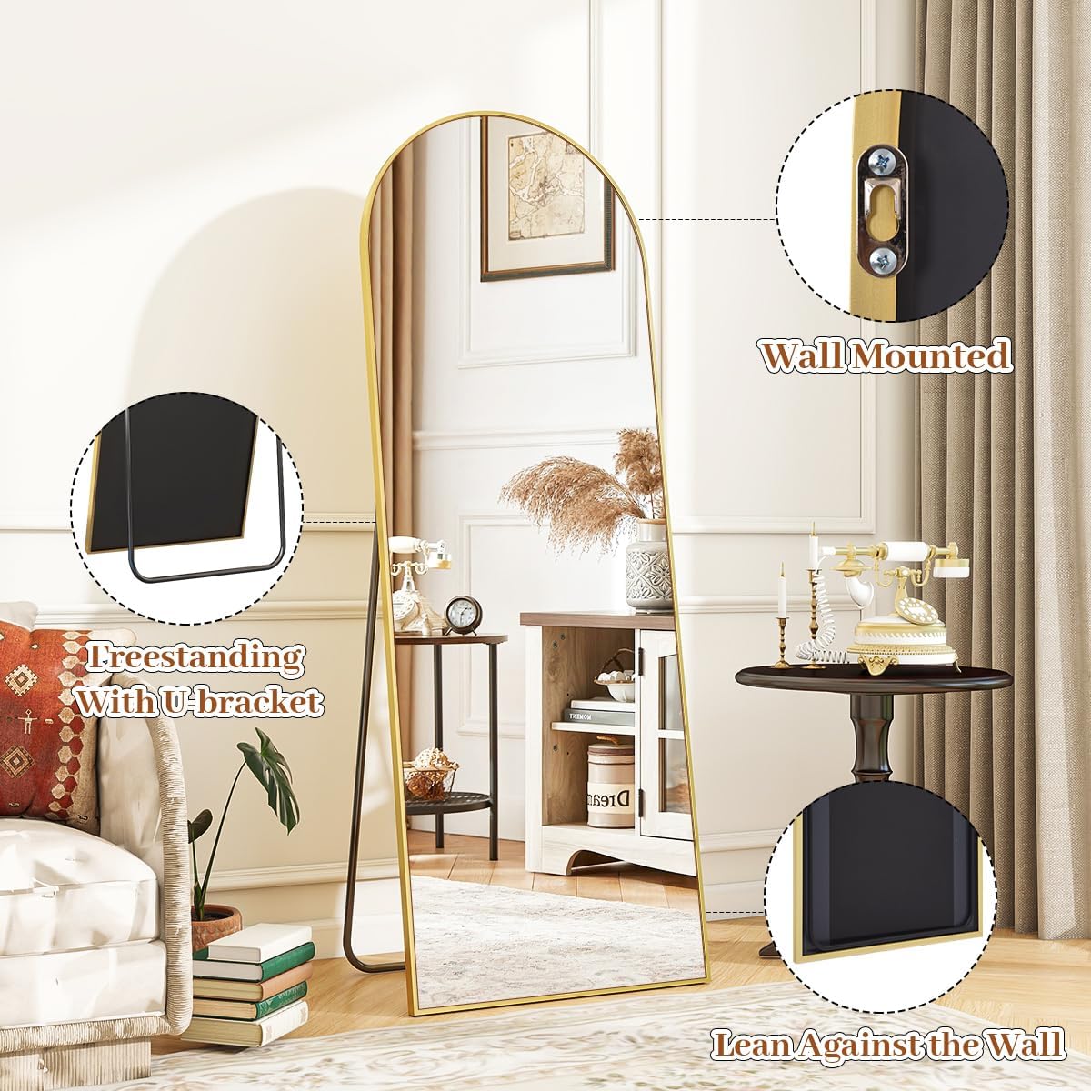 VooBang 18 x 58 inch Arched Full Length Mirror, Gold Arch Floor Mirror Full Length with Stand, Full Body Standing Mirror for Living Room, Bedroom