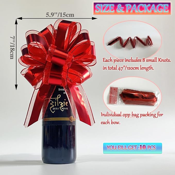 10 Pack Large Pull Bows with Ribbon, Gift Wrap Bows for Wedding, Parties & Presents (Red)