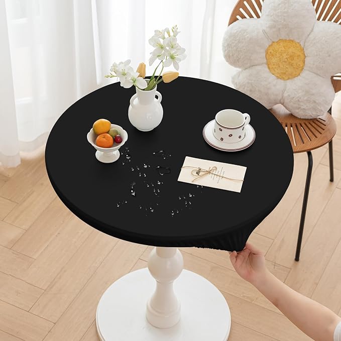 Round Fitted PU Tablecloth with High Elastic Edge 24 Inch Dia Waterproof Oil Proof Table Cloth Anti-Scald Stain-Resistant Wipeable Table Cover for Indoor Outdoor Picnic (Black,24" Dia)