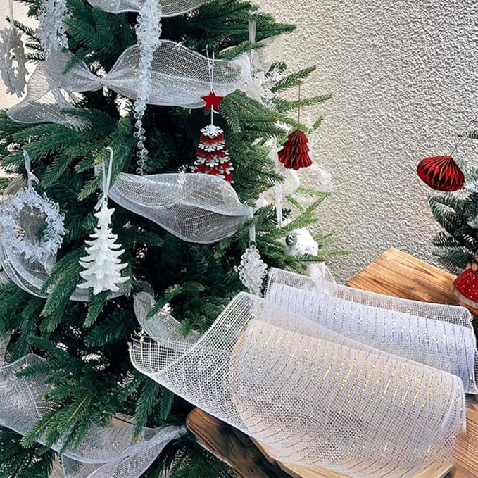 3 Rolls White Deco Mesh Ribbon for Wreath Making Supplies, 10 Inch x 30FT Metallic Foil Burlap Deco Mesh Fabric for DIY Crafts Christmas Tree New Year Wedding Wreath Swags and Decorating