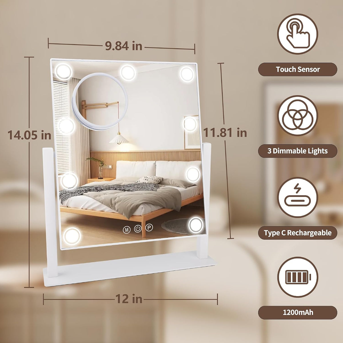 Lighted Makeup Mirror with 9 Bulbs, White 14.05" x 12"