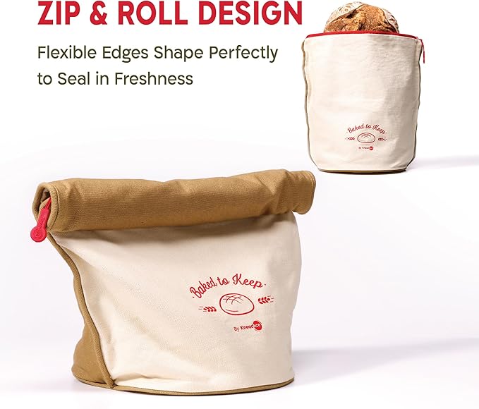 Kneadace Reusable Bread Bags for Homemade Bread -Stylish Sourdough Bread Storage with Roll-Top Design, 100% Cotton & Food-Safe Lining
