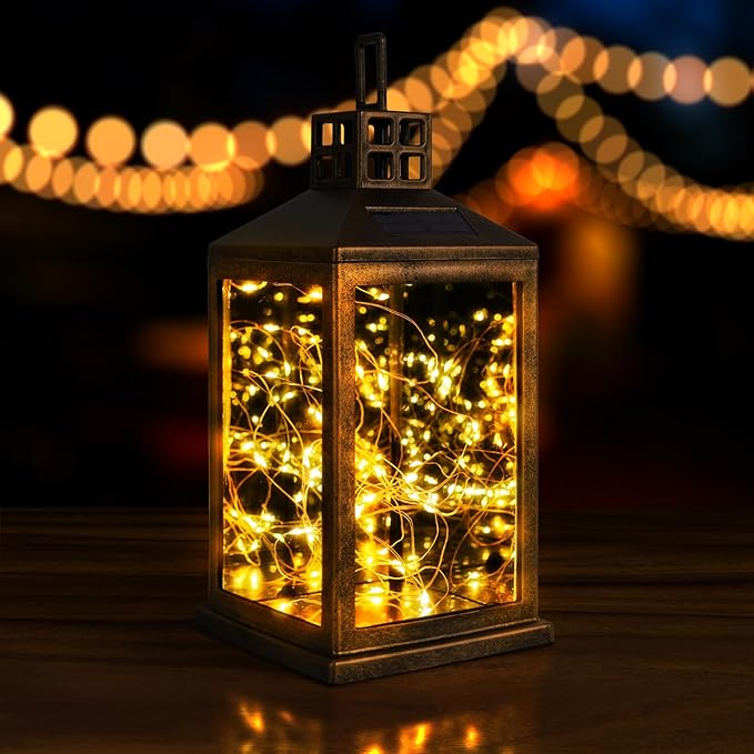 Solar Lantern Outdoor, Garden Hanging Lantern Solar Powered - Glass Waterproof Brushed Copper Solar Table Lantern Decorative Lights Flash and Steady-on Modes for Patio, Backyard, Garden