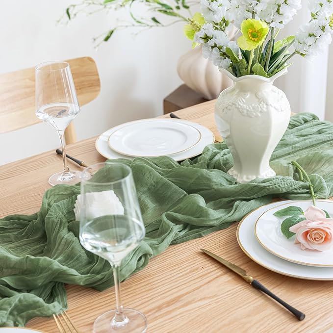 Asee'm 2pcs Cheesecloth Table Runner 120 Inches Sage Green Boho Gauze Cheese Cloth Runner 10FT Rustic Sheer Table Runners for Spring Easter Wedding Baby Shower Holiday Party Decoration