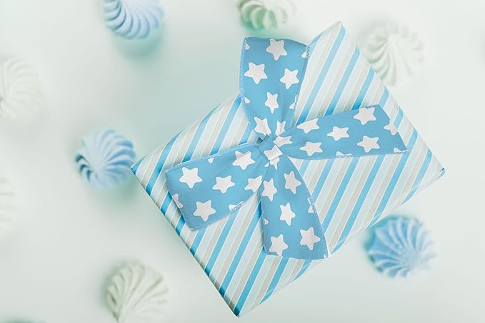 YKW 2 Rolls Baby Shower Ribbon Set, 2.5" Wide Satin Wired Edge Ribbons, Blue Sky Stork Design & Star Pattern, for Newborn Decorations, Gift Wrapping, DIY Crafts,Birth Announcement Party Supplies