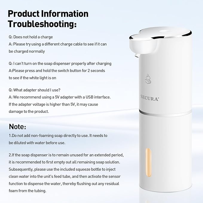 Secura Foaming Soap Dispenser, 10oz/300ml Touchless Automatic Dispenser with Adjustable Volume Control, Rechargeable Hands Free Dispenser for Kitchen, Bathroom