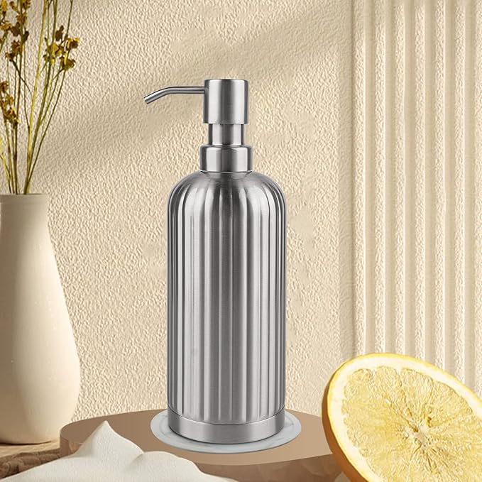 AUMIO Soap Dispenser 18 Oz with Non-Slip Coaster, Stripe Design Dish Soap Dispenser Brushed Nickel, Refillable Liquid Hand Soap Dispenser for Bathroom, Kitchen Soap Dispenser Premium Stainless Steel