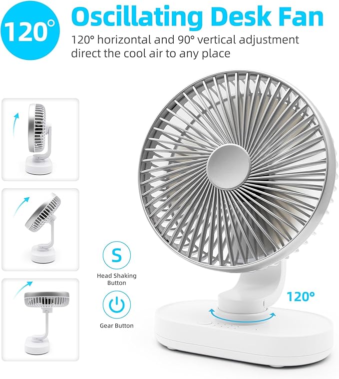 Small Oscillating Fan for Bedroom, 4000mAh Battery Powered Rechargeable Fan, 90° Vertical Manual and 120° Oscillating Desk Fan, 4 Speeds Air Circulator Fans, Quiet Table Fans for Home Office Travel