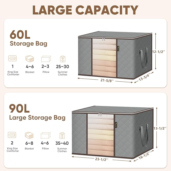 BALEINE 3 Pack Clothes Storage Bags, 16 Gallon Storage Containers with Reinforced Handle, Sturdy Zipper, Closet Organizer for Blanket, Comforter, Pillow, Bedding (Grey, 3 Pack)