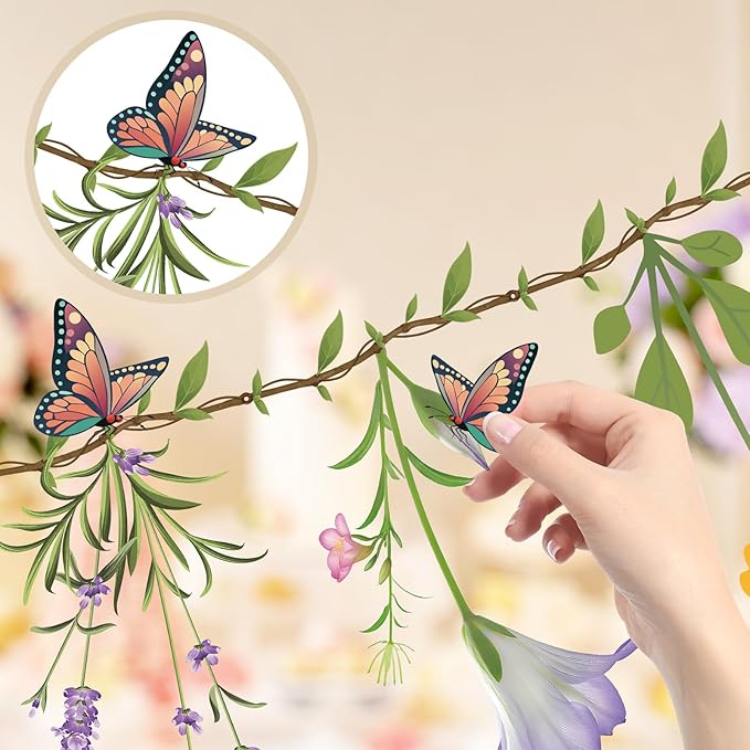 2PCS Flower Banner Reusable Wildflower Garland Floral for Spring Party Enchanted GardenTheme Picnic Wedding Baby Shower Birthday Tea Party Supplies Home Decorations (Green-Smaller)