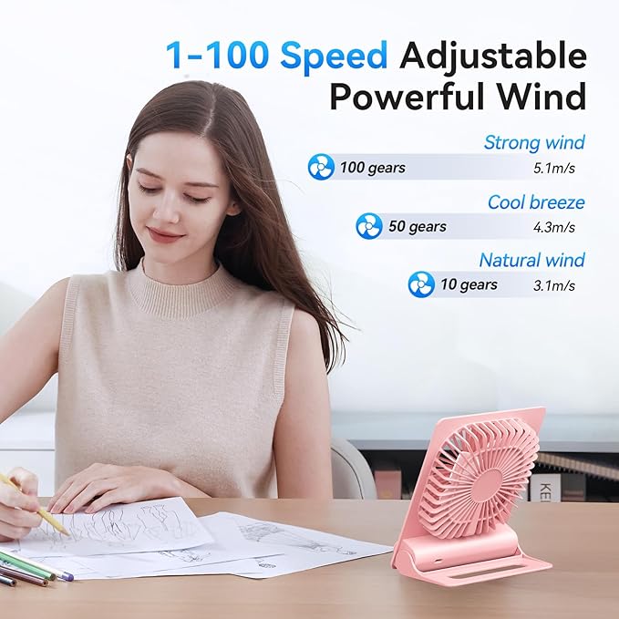GOCKERA Desk Fan, 6.61''Ultra-thin Battery Powered Fan with Powerful Wind,100 Speeds Adjustable&Digital Display,Timer,Ultra-quiet Small Portable Fan for Bedroom,Office,Travel (Pink, 2000mAh)