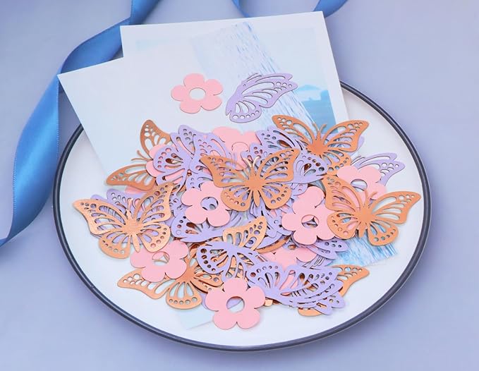 ONLYKXY 13g Butterfly Flower Table Confetti Decor Glitter Butterfly Decoration for Birthday Wedding Theme Thanks Giving Party Valentine's Mother's Day Scatter Bless Confetti (Rose Gold & Colorful)