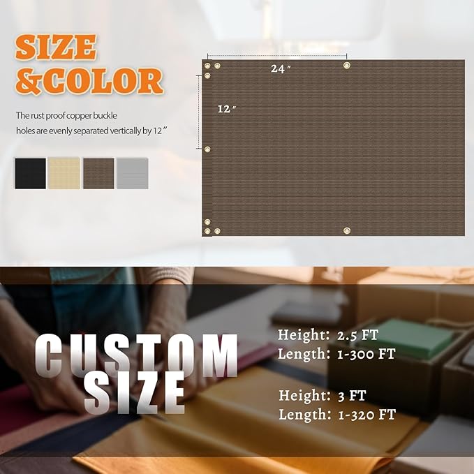 2.5' x 121' Balcony Privacy Screen Fence Cover with Zip Ties Grommets for Apartment Patio Porch Deck Backyard Outdoor (Brown)
