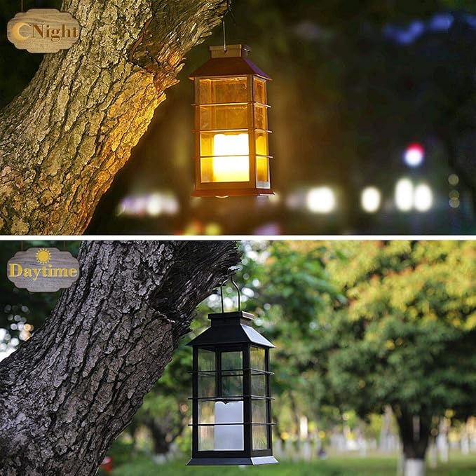 2 Pack Outdoor Garden Hanging Lanterns with Waterproof LED Flickering Flameless Candle Solar Powered Lights Yard Decor Outdoor Decorative for Pathway Courtyard Party Patio Christmas (Black)
